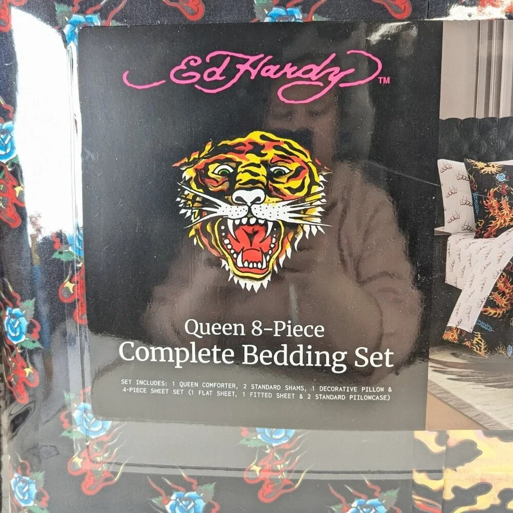 Ed Hardy Queen Roses Flames Black Comforter Set Shams, Pillow, Sheets